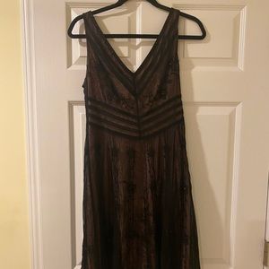 Brown with black lace V-cut midi dress
